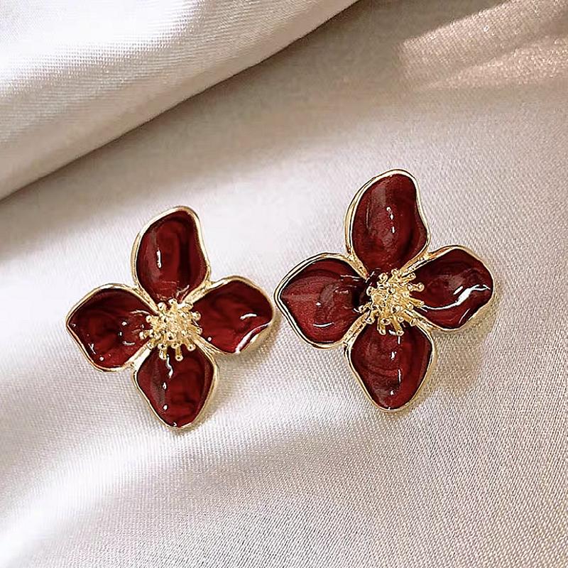 

Серьги-гвоздики Roselle Dropped Glaze Flower для женщин и девушек, французские винтажные свадебные романтические ювелирные изделия, подарки красный