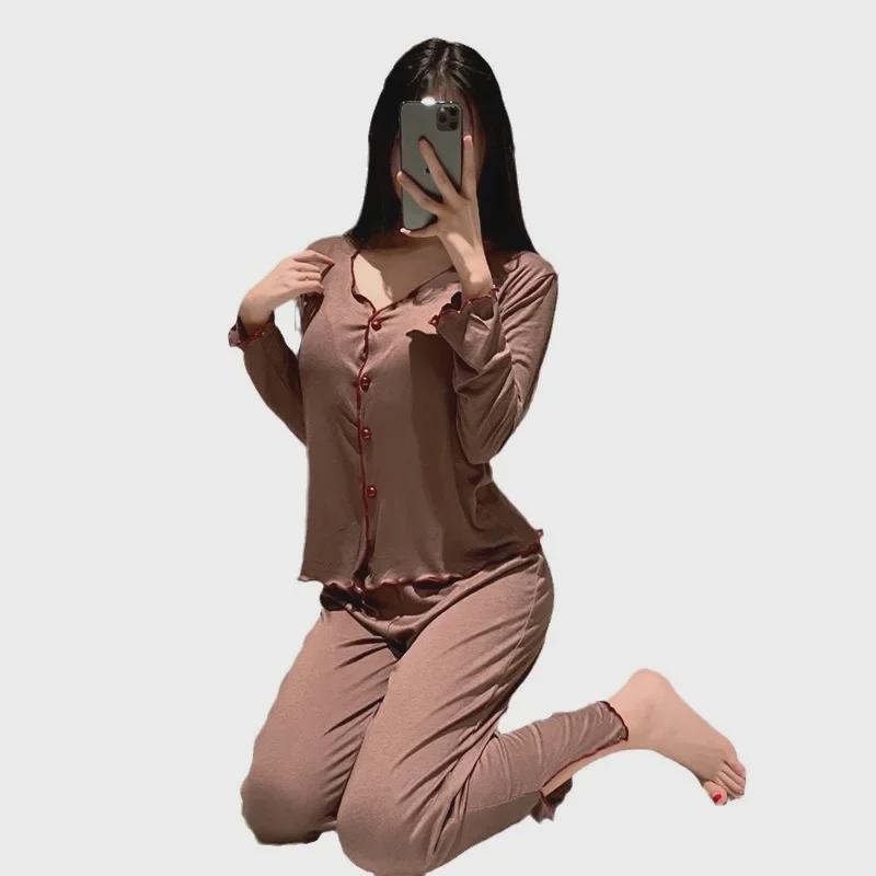Taro Purple Modal Cotton Women's Pajamas, French Style, Long Sleeves, Sweet Design with Breast Pads, Perfect for Spring and Autumn.