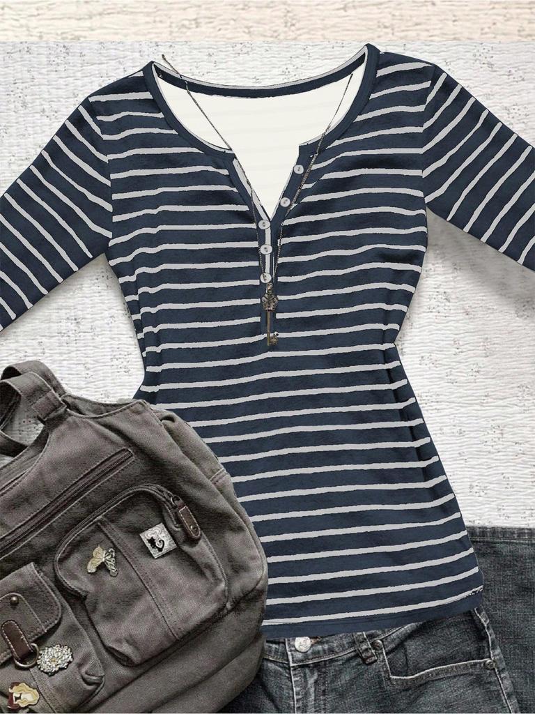 European & American Striped V-neck Long-sleeve Slimming T-shirt - Autumn/Winter Casual Korean Style
