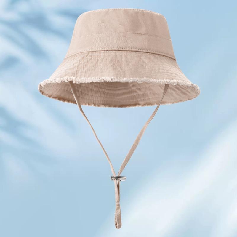 Raw edge cotton bucket hat embroidered female color visor, shopping sun protection hat