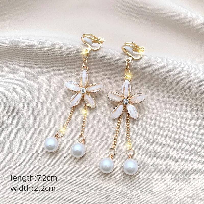 Neue Perlenblumen-Clip-On-Ohrringe mit langem Temperament, Perlenkette, Quaste, nicht durchdringende Ohrringe für Damen