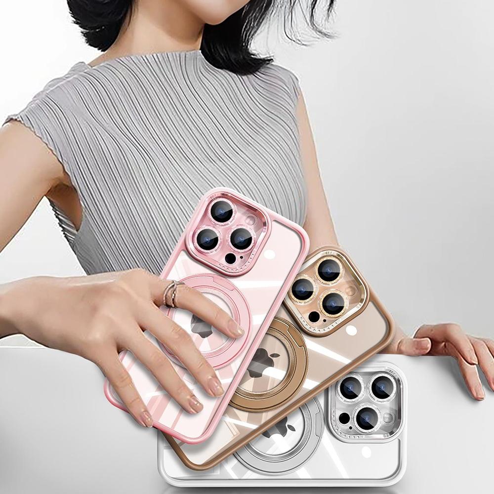 For iPhone 16 Pro Case Magnetic Rotating Kickstand PC+TPU Phone Cover with Glitter Camera Lens Film