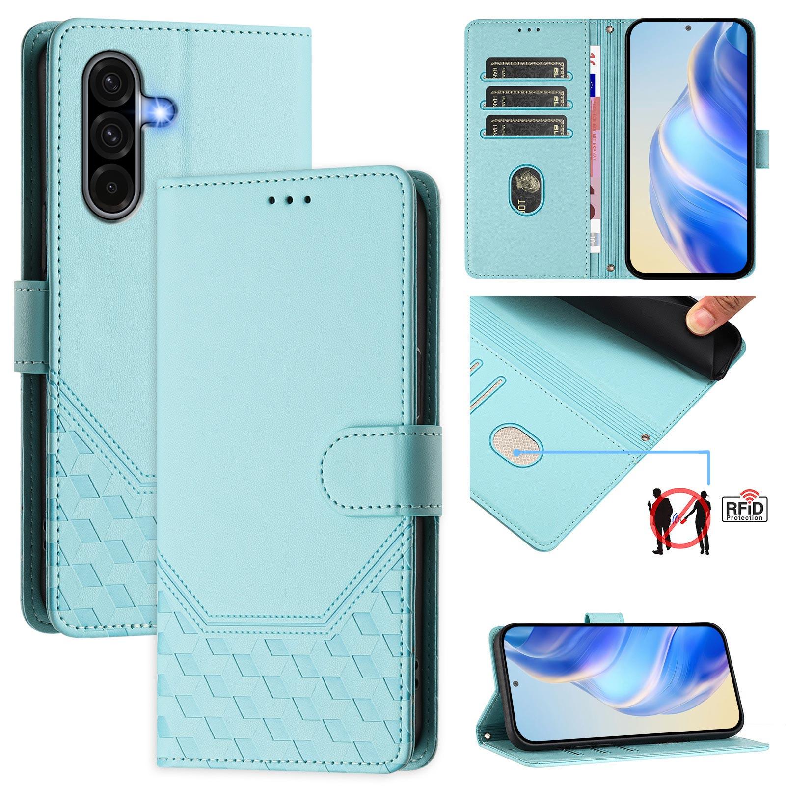 

For Samsung Galaxy A26 5G Case Imprinted Honeycomb RFID Blocking Leather Phone Cover with Strap Mint Green