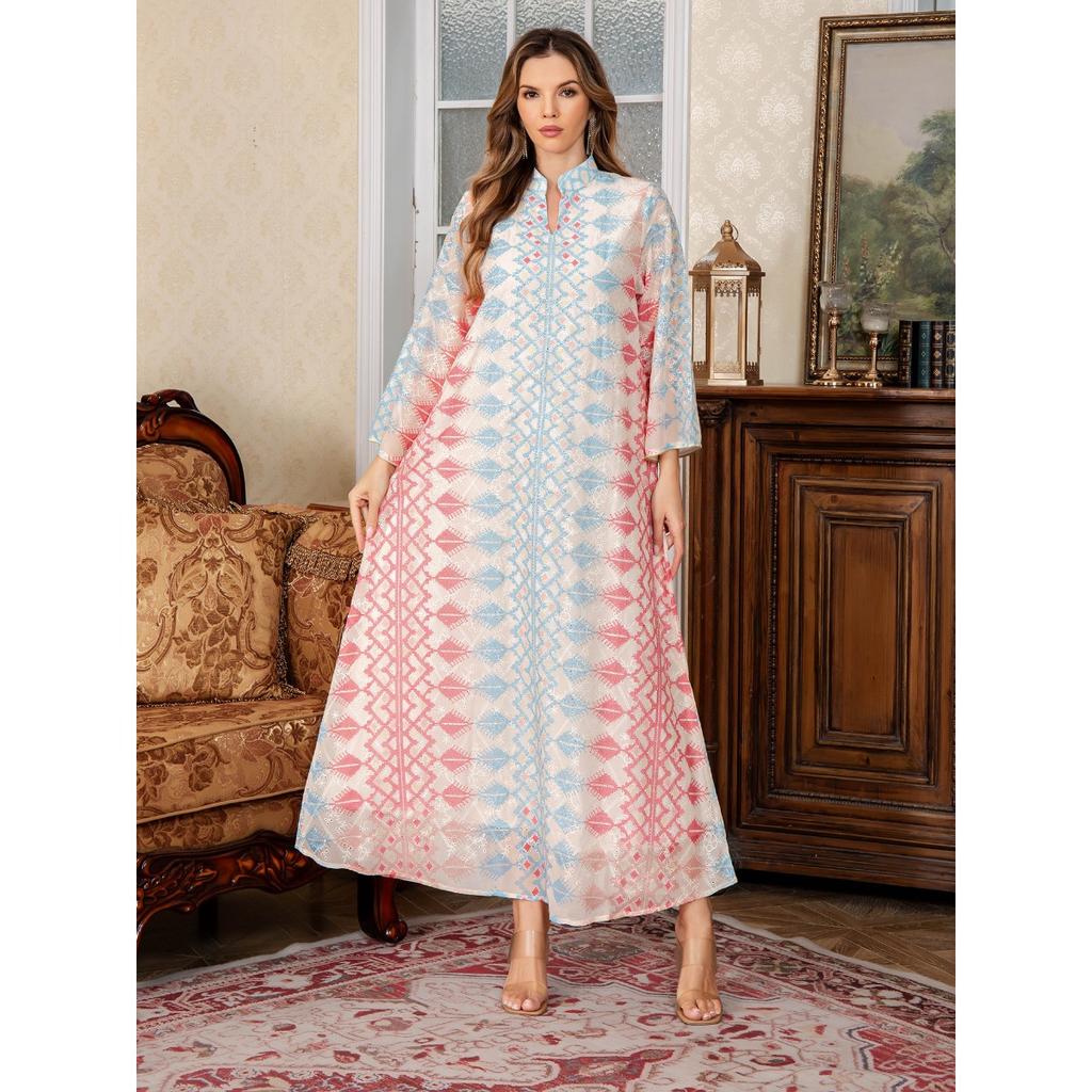 OEM  Summer Breathable Chiffon Color Block Printed Rhinestone Long Maxi Dress Women's Holiday Gown