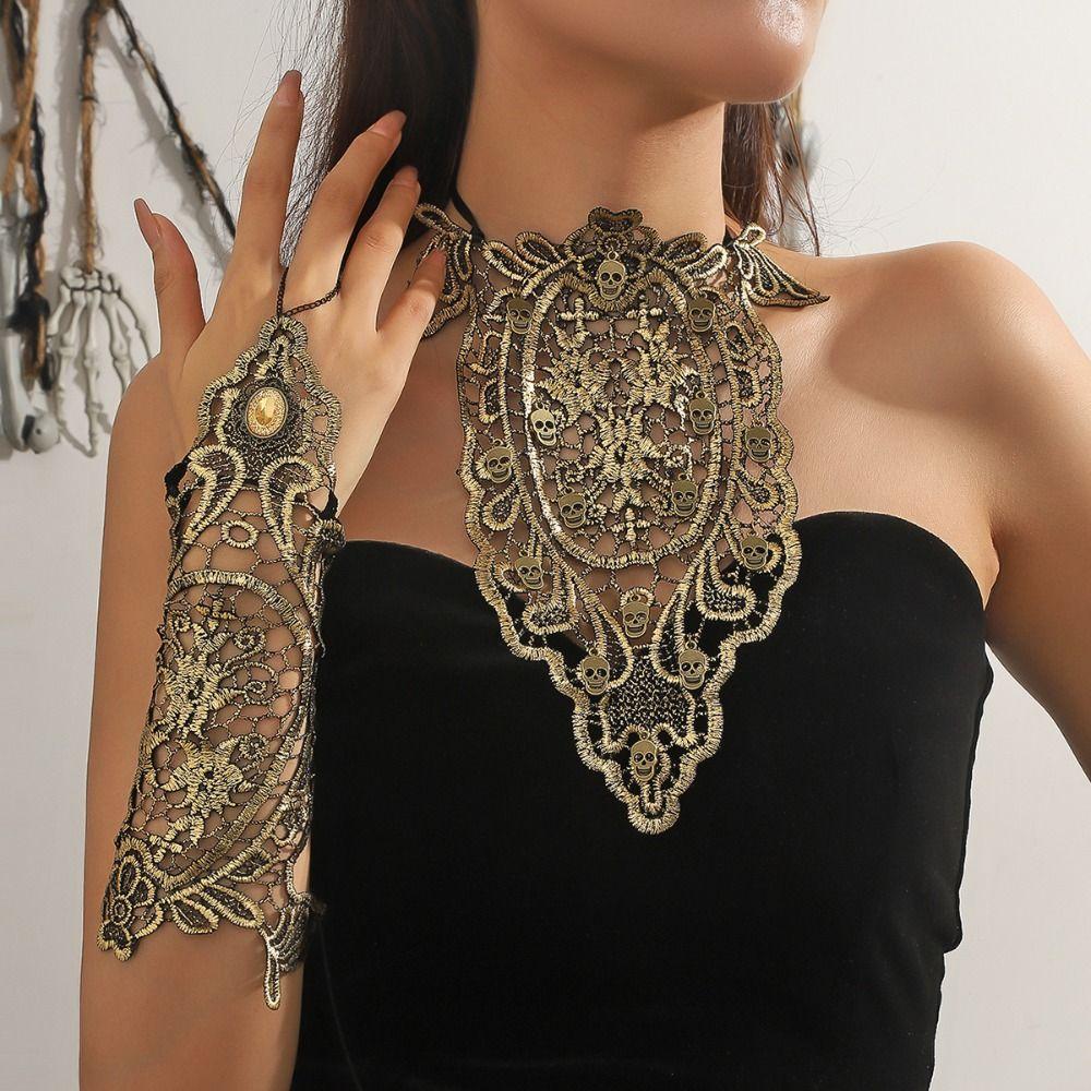 Exaggerated Halloween Necklace Punk Style Gothic Earrings Cool Lace Flower Jewelry Set Women