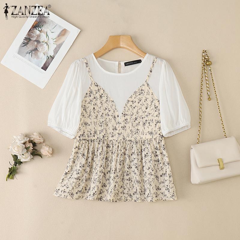 

ZANZEA Женская повседневная блузка с цветочным принтом, пэчворк, летняя, с коротким рукавом
