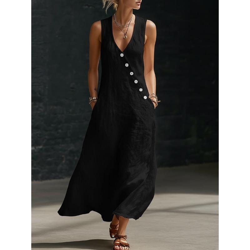 Womens Black Sleeveless V-Neck Long Dress with Asymmetric Button Detai S чёрный