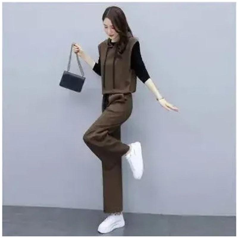 

Women s 3-Piece Casual Outfit Set Sleeveless Hooded Vest + Wide Leg Pants + Black T-Shirt XXXL кавовий