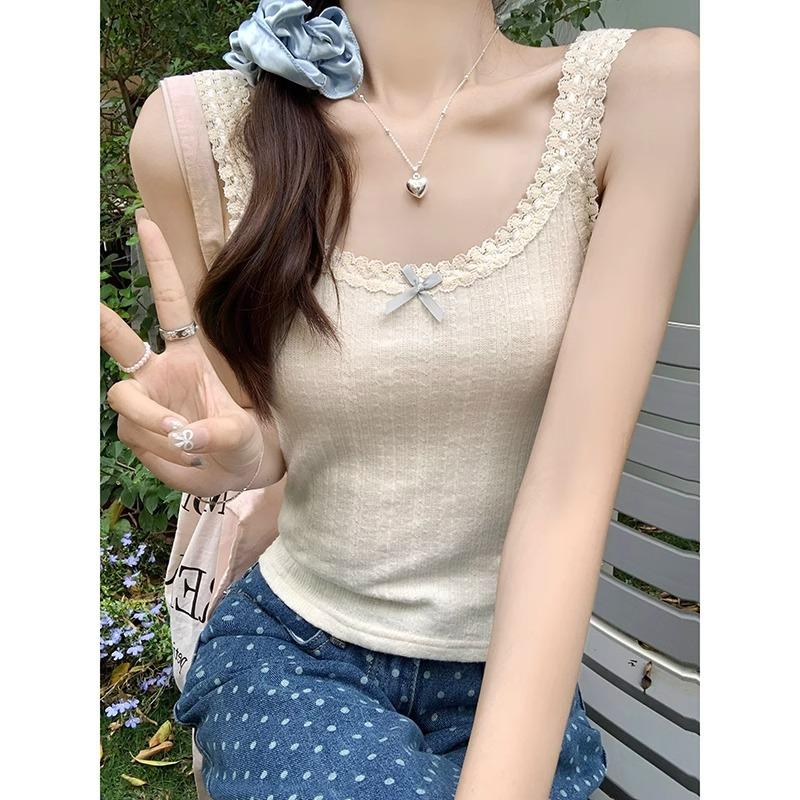 Pure lustful lace bow ice silk thin 2024 summer new vest suspender sweet slimming top