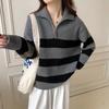 Pullover Sweater Women's Autumn and Winter Zipper Semi-open Neck Contrasting Striped Knitted Sweater Top