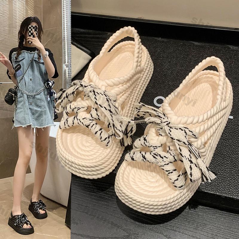 Fashion Women Platform Sandals 2025 New Summer Outdoor Casual Lace-up Weave Roman Flat Shoes Fashion Comfortable Soft Bottom Beach Muje