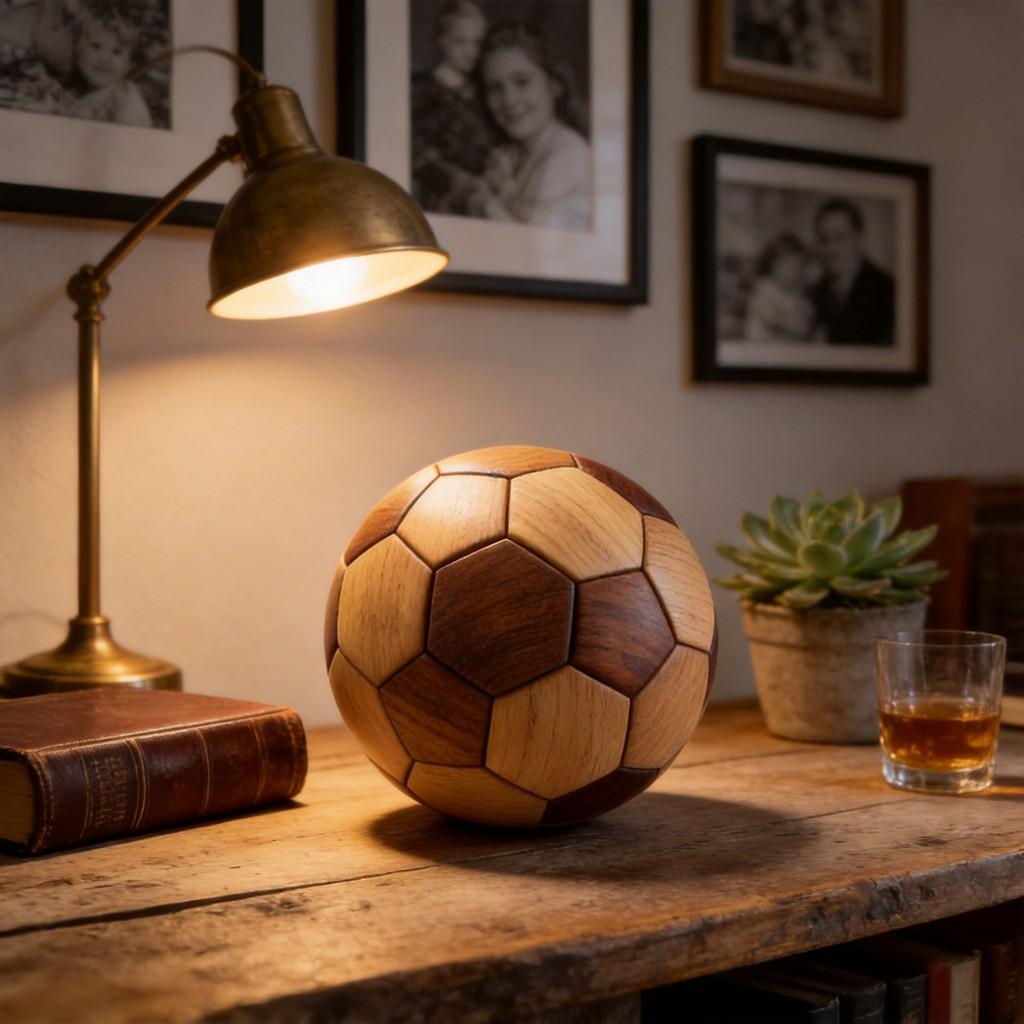 Teakholz Fußball Dekoration mit traditioneller Holzverbindung für Kinderzimmer und als Geschenk