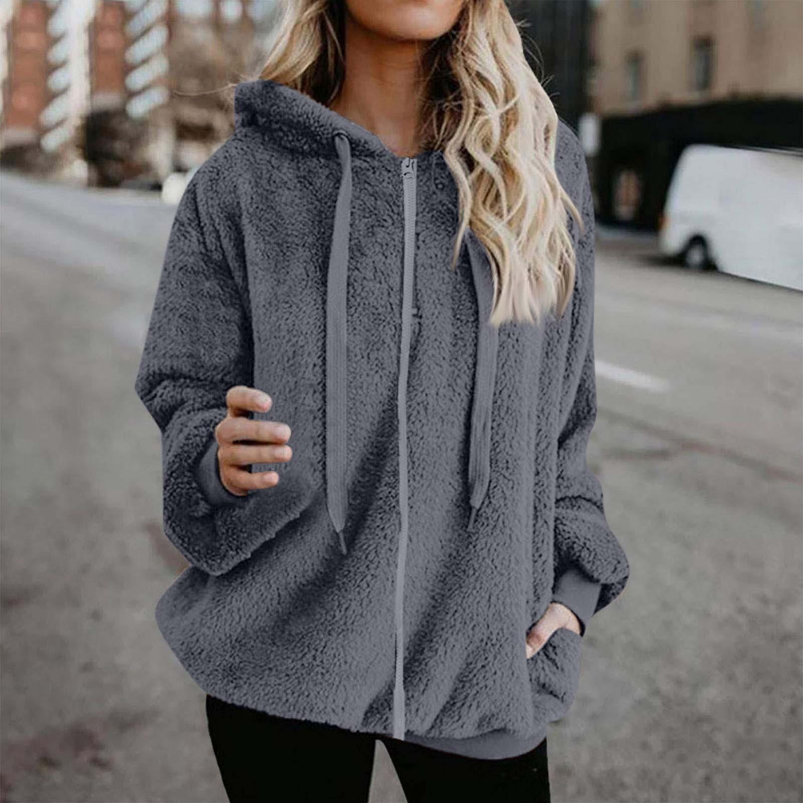 

Женская мода повседневное однотонное пальто с длинным рукавом плюшевая куртка на молнии с капюшоном XXXXL серый