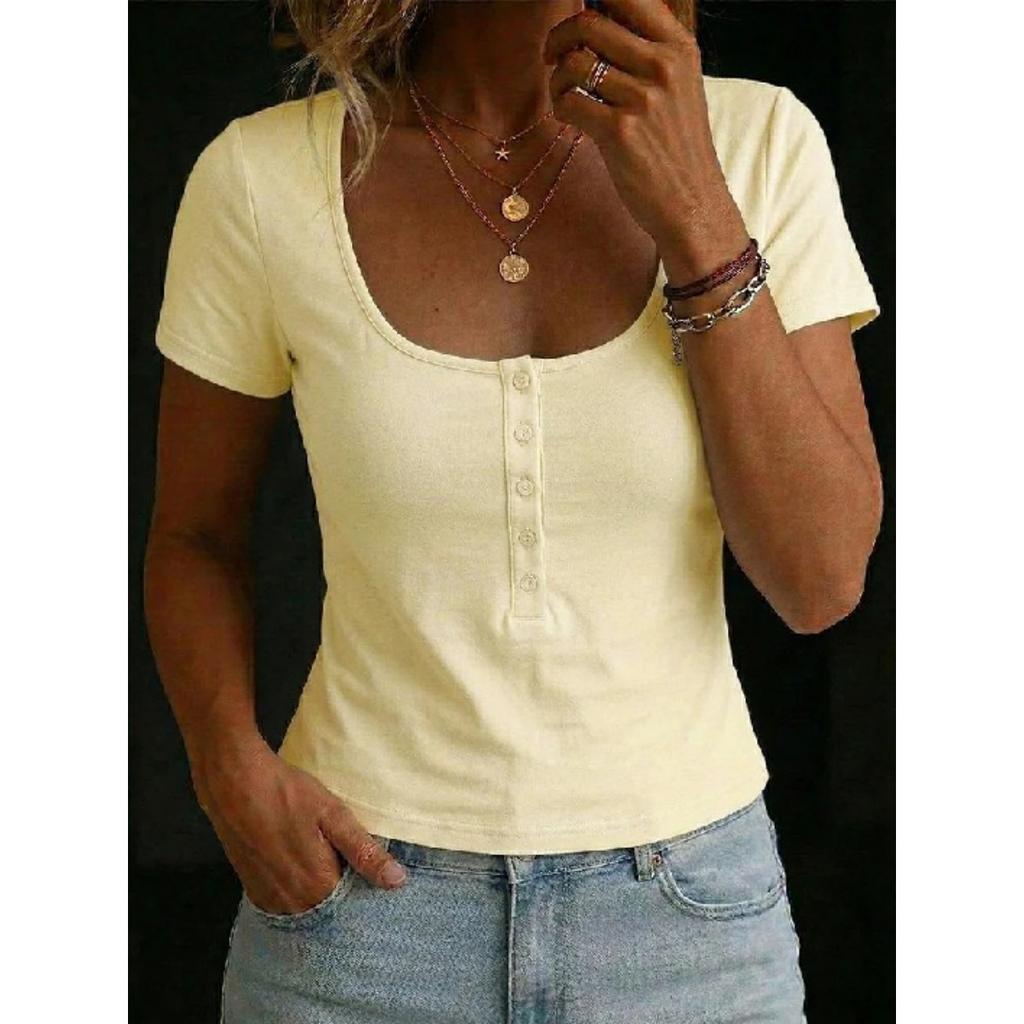 Summer Women's Solid Crop Top, Buttoned Square Neck Slim Fit Casual T-Shirt, Y2K Streetwear