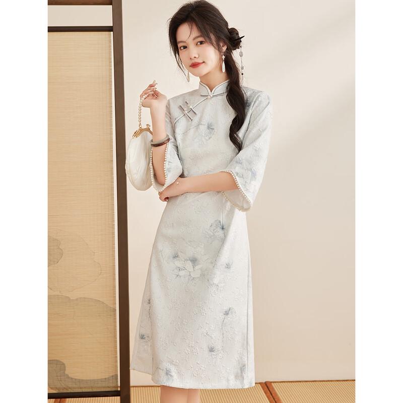ORIGIN Women s New Chinese Style Trumpet Sleeve Midi Dress M