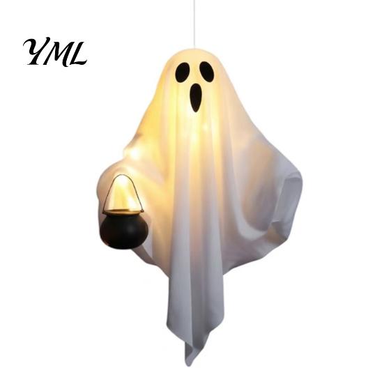 Lightweight Festival Party Supplies Halloween Hanging Ghost with LED Lights, Spooky White Gauze Glowing Ornament, Creepy Cauldron Decor Flexible
