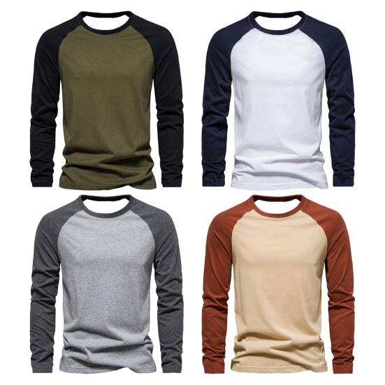 Autumn Winter Men Bottoming Top Slim Fit Patchwork O Neck Pullover Stretchy Long Sleeves Mid Length Fitness Exercise Daily Wear Shirt