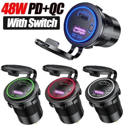 48W Usb Poort Charger Car 12V Outlet Laptop Charger USB C PD 18W QC3.0 Car Port Socket Waterproof with Power Switch for RV Car