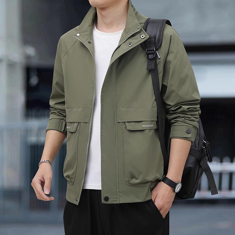 Stand Collar Work Jacket for Men's Trendy Slightly Loose Waterproof Windproof Jacket for Young Work Jacket