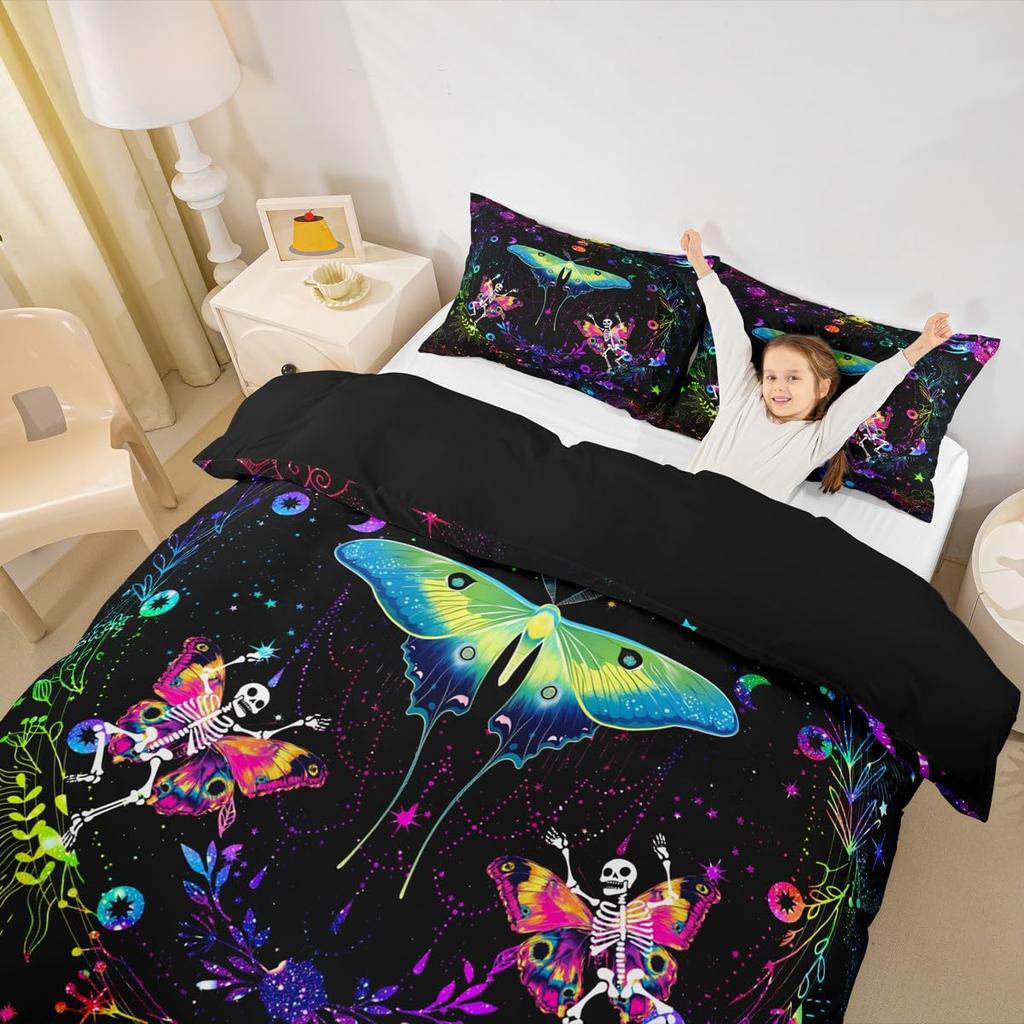 Erosebridal Sugar Skull Comforter Cover Set Skeleton Bones Duvet Cover,Gothic Moth Decor Bedding Sets Twin Magic Unicorn Rabbit Skulls Beddi
