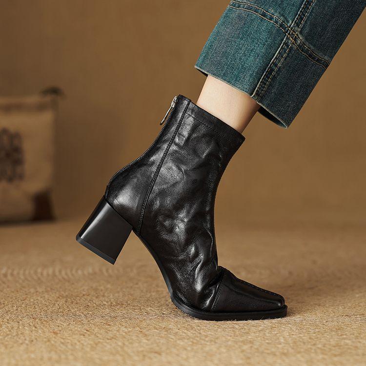 Age Reduction and Thin Temperament French Versatile Square Head Thick Heel Short Boots 2025 Autumn New Rear Zipper Fashion Boots Women