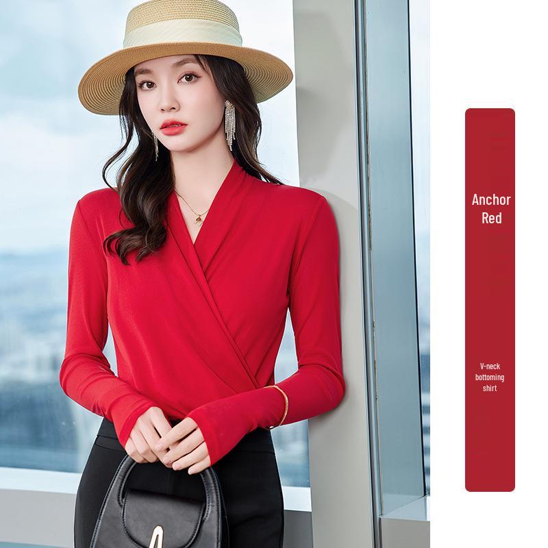 2025 Autumn Korean Style Long-Sleeve V-Neck Mesh Top for Women