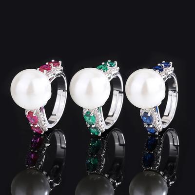 Jewelry Copper Platinum Plated Simulation Color Treasure Inlaid Austrian Fritillary Pearl Temperament Women'S Ring 14Mm