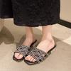 Fashion Block heel slippers for women in summer wear new fashion rhinestone mid-heel temperament crystal high heel cool mopping