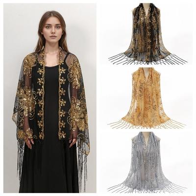 Mesh Evening Dresses Scarves Glitter Tassels Scarf Elegant Sequin Shawls  Dress Decor
