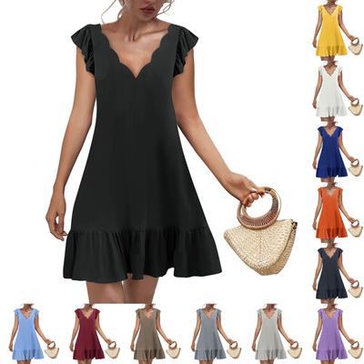 Women's Fashion Casual V Neck Wavy Edge Solid Color Short Sleeve Dress