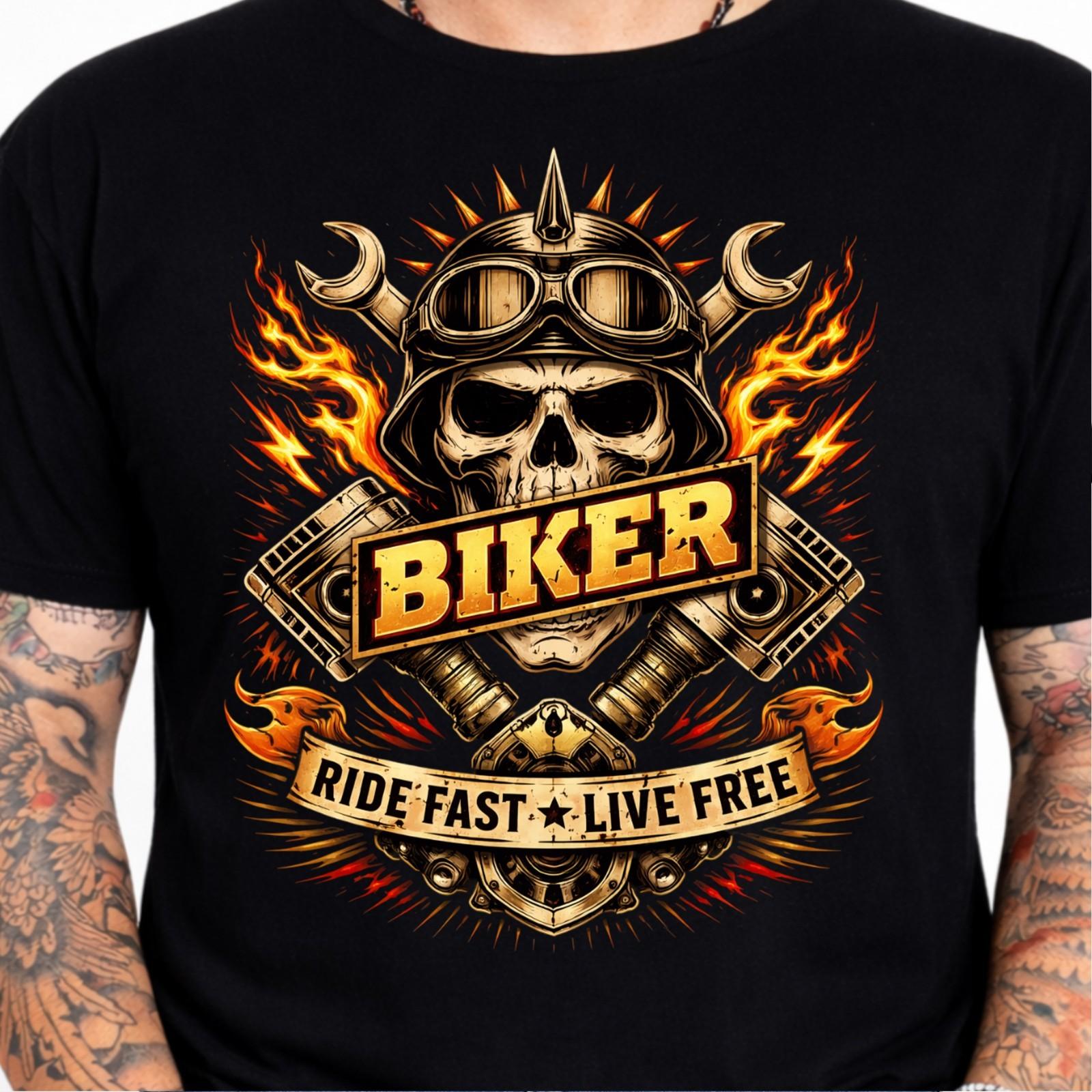 Biker Ride Fast Live Free Skull Helmet Pistons Flames Wrench Graphic T-Shirt. XL