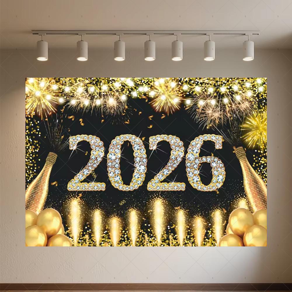 Black Gold New Year Background Banner Glitter 2026 Happy New Year Backdrop Supplies Balloons New Year Party Decoration Gifts