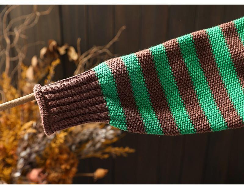 Women's Retro Striped Color Block Half High Neck Sweater - Loose & Casual Knitwear for Autumn/Winter 2026.
