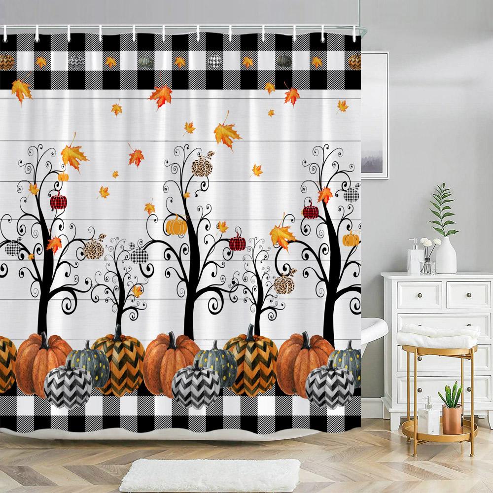 Watercolor Autumn Hanging Leaves Botanical Shower Curtain Fall Thanksgiving Bathroom Bathtubs Decor Easy Care Washable Durable