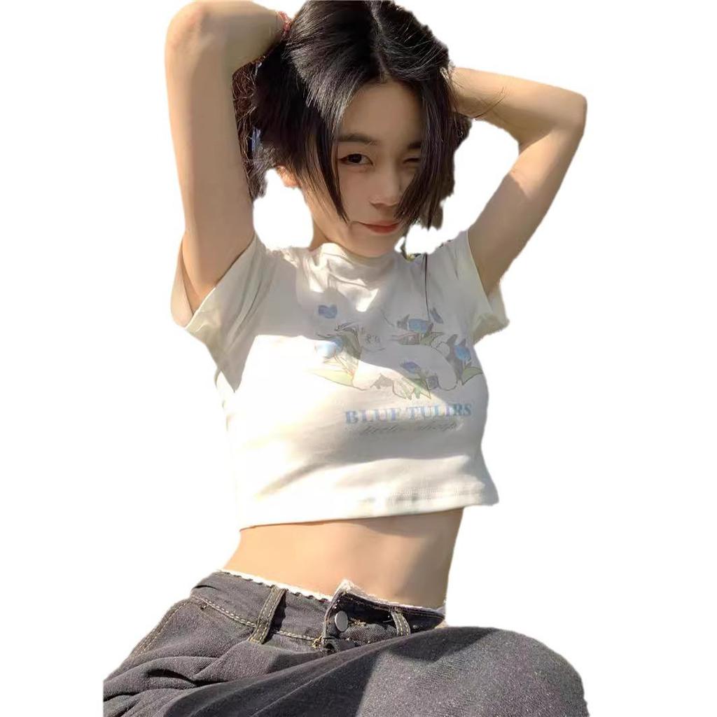 2024 Summer Women's White Short Sleeve Crop Top: Sweet & Spicy Slim Fit T-Shirt - Trendy BM Style