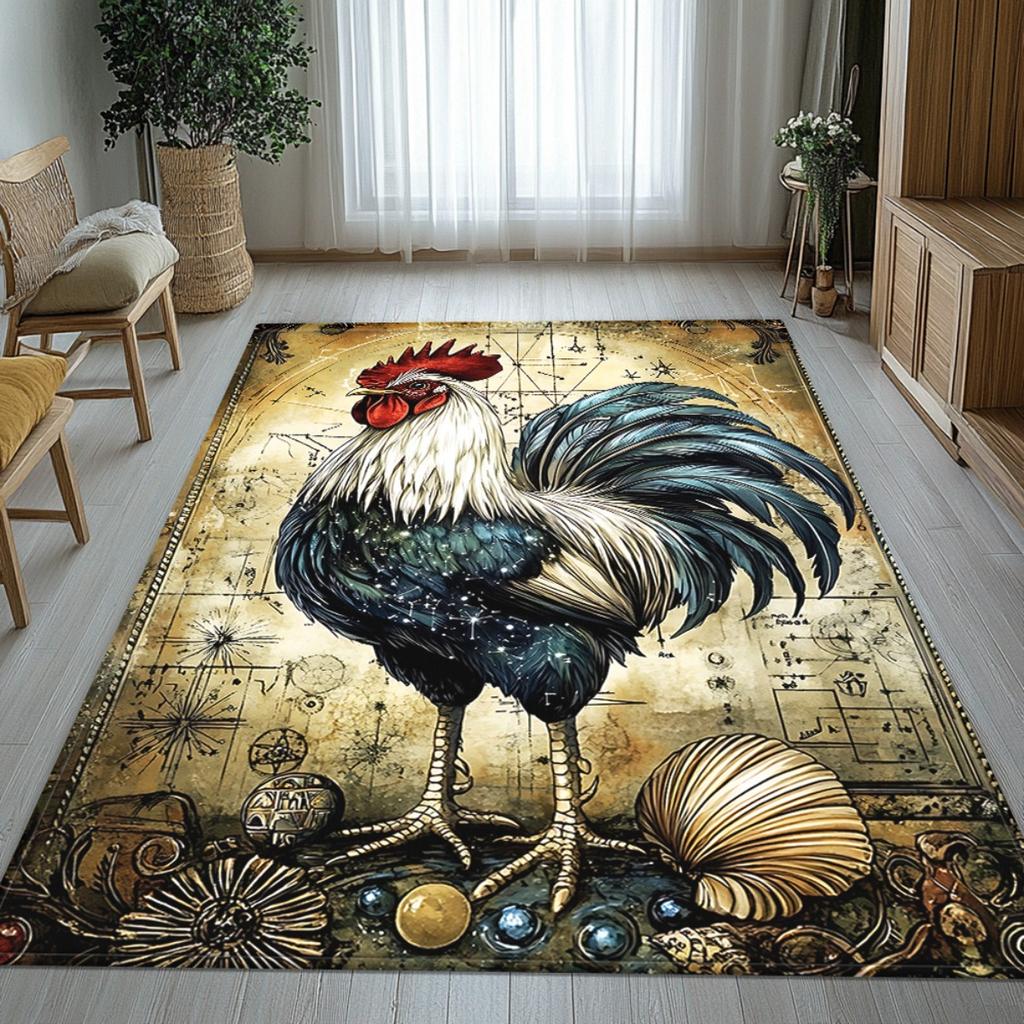 Vintage Rooster Art Crystal Velvet Rug Rustic Farmhouse Decor Living Room Floor Mat Antique Style Animal Print Home Decoration