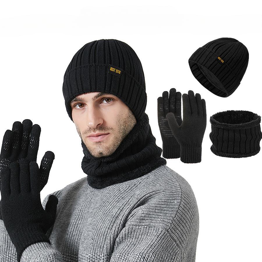 Herren Strickmütze, Schal, Touchscreen-Handschuhe, Dreiteiliges Set, Winterverdickt, Hochelastisch, Warmes Set