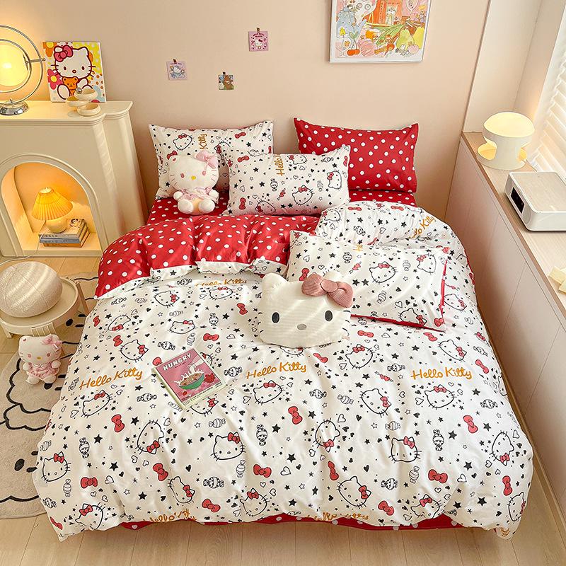 Hello Kitty All-Cotton Cute Cartoon Girl Fitted Sheet & Duvet Set - 4-Pc Dorm Style