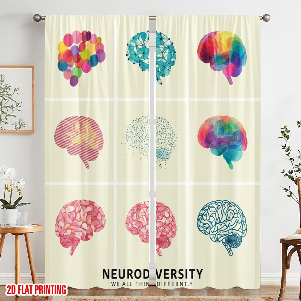 2 Stück 2D Flachdruck Fenstervorhänge Neurodiversität Gehirne Denken Anders Polyester Ohne Strom Familienfeier für