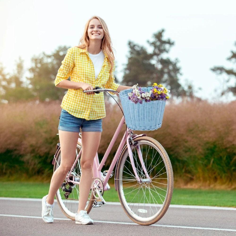 Adjustable Leather Straps Front Handlebar Basket Handwoven Cycling Handlebar Basket  Girls Bike
