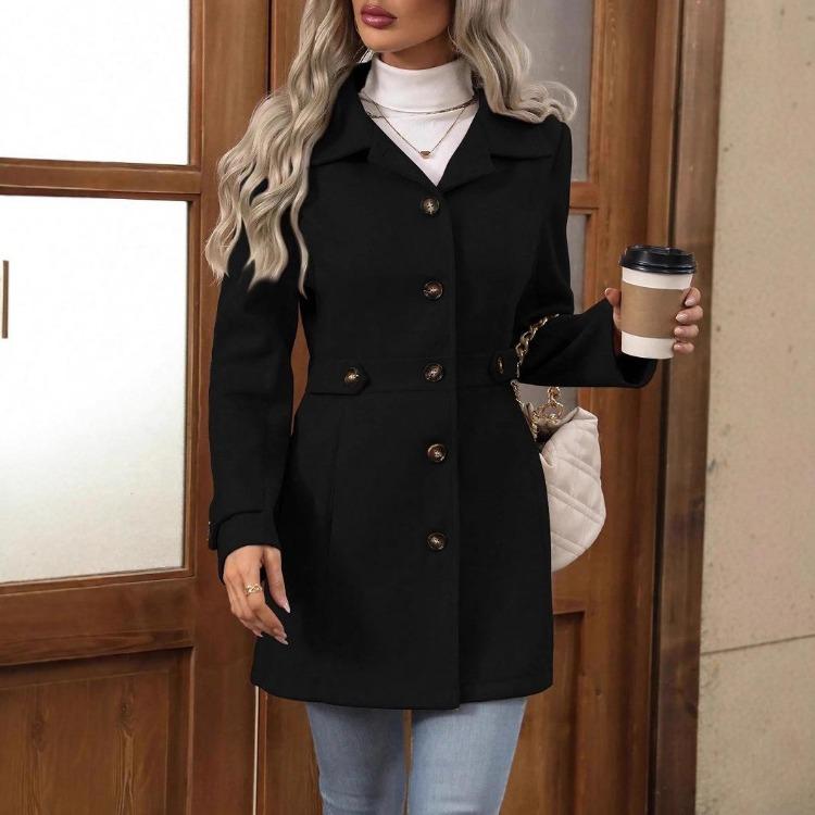 Elegant Slim Fit Woolen Coat Autumn Winter Tweed Outerwear Mid-Length Button Lapel Collar Durable Fashionable