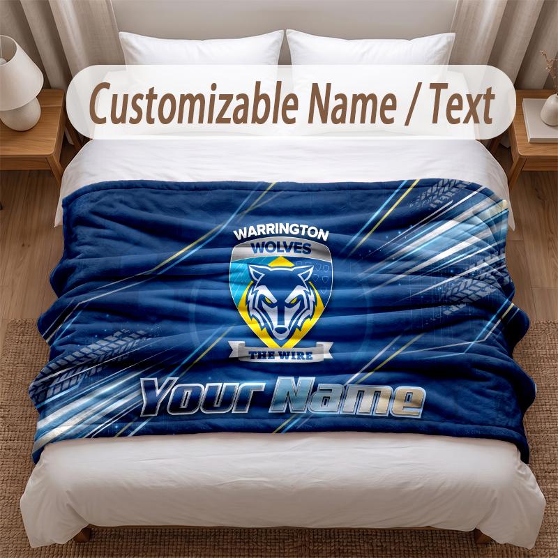 Warrington Wolves Printed Flannel Blanket Custom Name Text Soft Warm Throw For Bedroom Holiday Gift