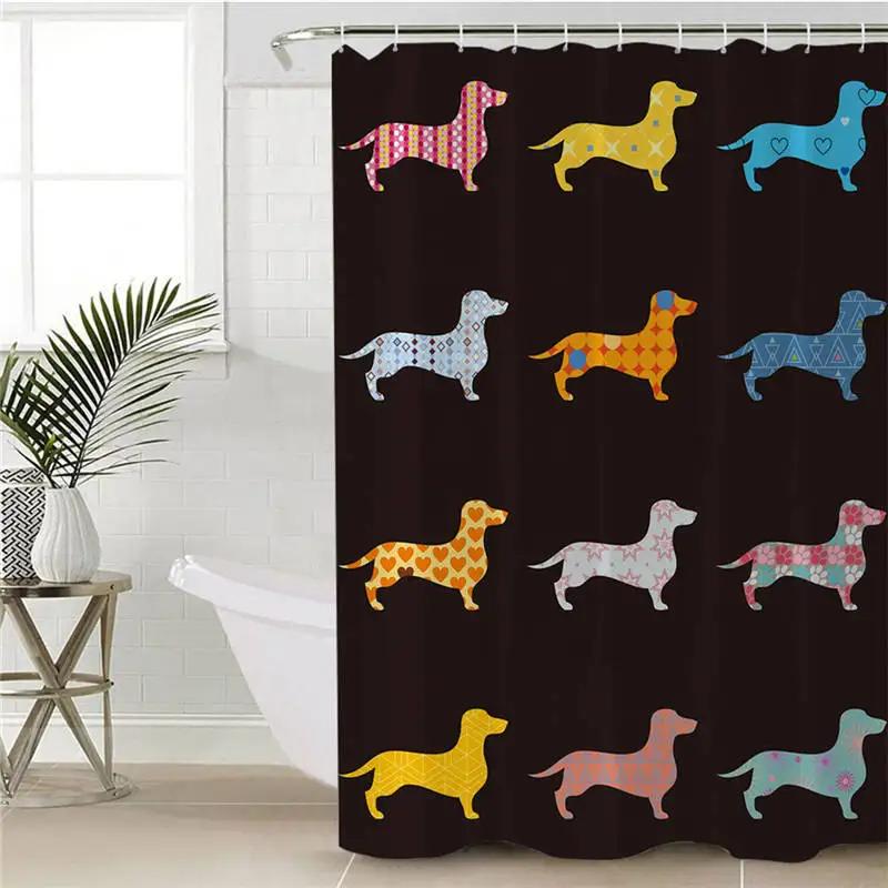 Dachshund Cartoon Dog Shower Curtain Polyester Waterproof Curtain Geometric Striped Kids Bath Curtain Home Decor with Hooks