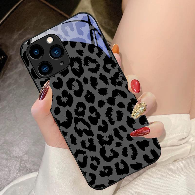 Green Tempered Glass Phone Case For IPhone 15 Pro 14 13 12 Mini 11 XS Max XR 7 8 Plu SE 2020 2022 Black Leopard Print Blue