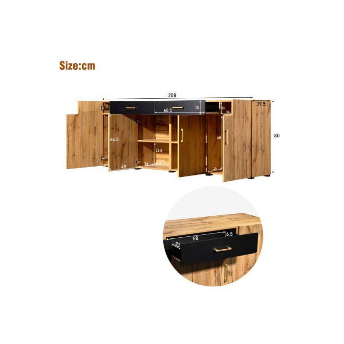 Sideboard, Armoire De Cuisine, Armoire De Rangement , 208 X 39.5 X 80 Cm, Commode Avec 4 Portes, 2 Tiroirs, Buffets