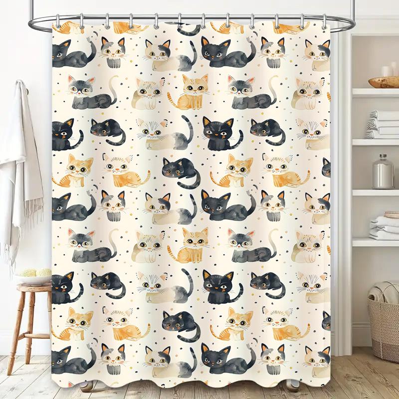Watercolor Cat Shower Curtain Black White Gray Yellow Orange Grey Red Design Fabric Waterproof Bathroom Decor Custom Size Availa