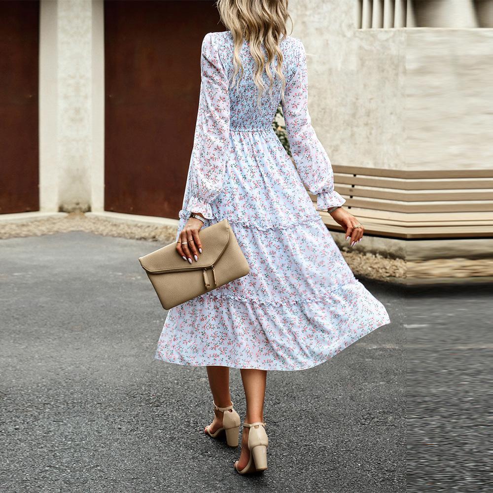 Dámské podzimní elegantní dlouhé potištěné šaty s lucernou s rukávem a vysokým pasem