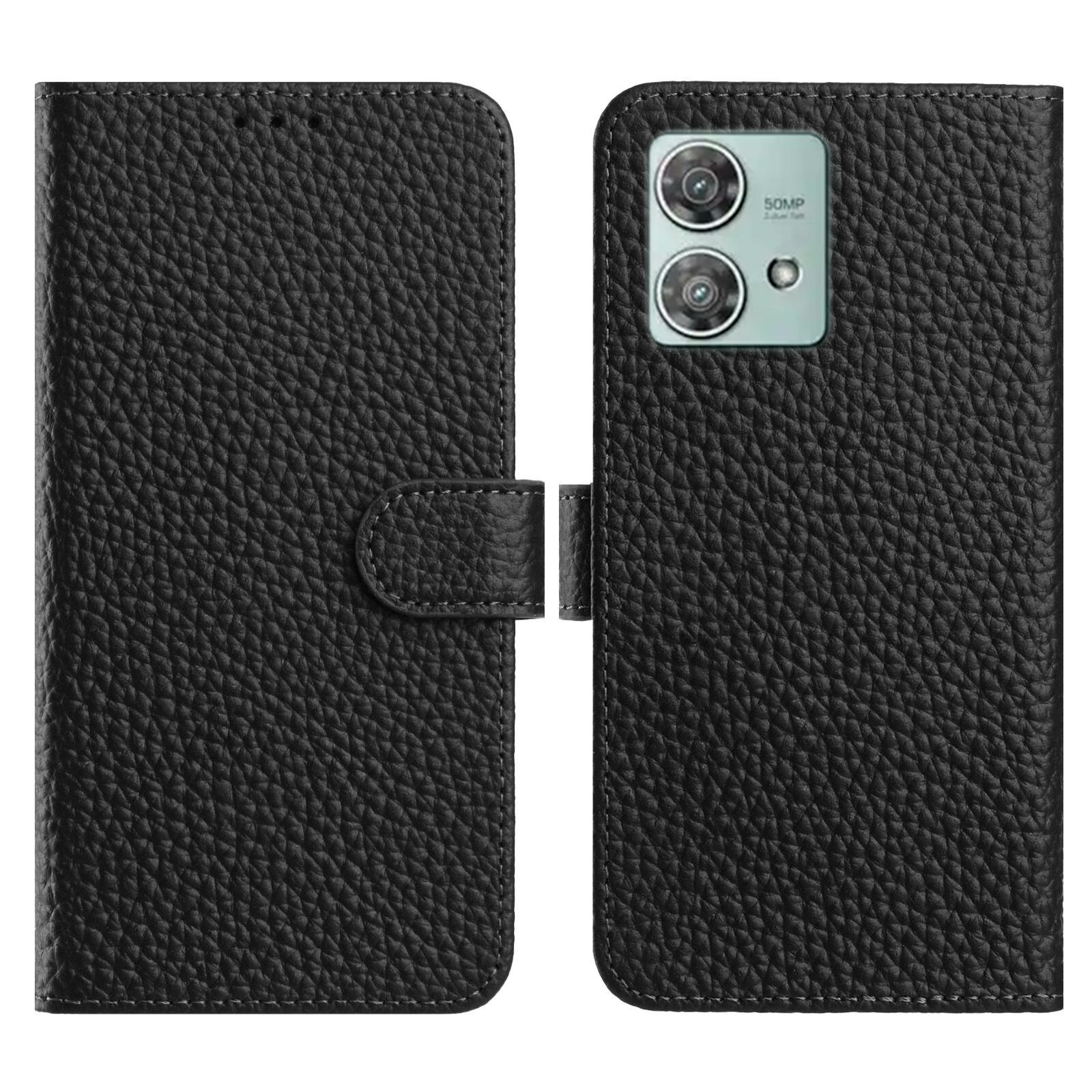 

For Motorola Edge 40 Neo 5G Case Wallet Stand Litchi Texture Genuine Cow Leather Flip Phone Cover Black