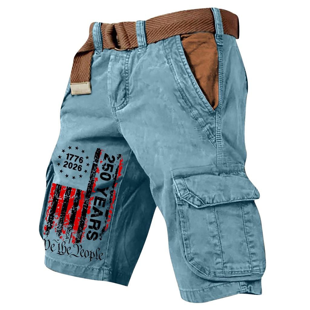 Pantaloncini Cargo Casual da Uomo con Cintura Multi Tasche Cotone Vestibilità Larga Stile Bandiera Stampata per Lavoro all'Aperto Viaggio