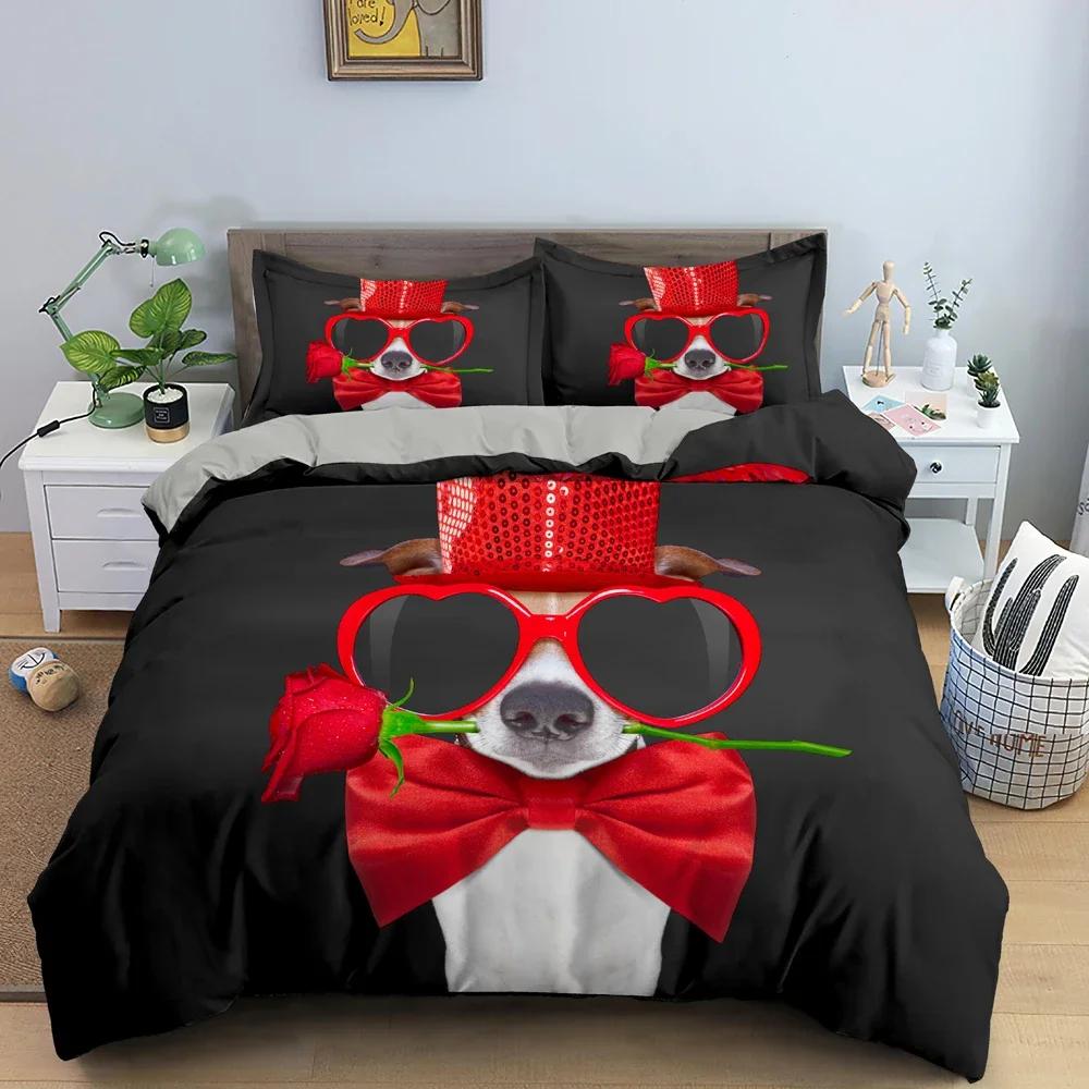 Cartoon Bulldog Dog Bedding Set Roses Duvet Cover Bedroom Comforter Cover Single Twin King Size Quilt Cover Home Textile 23Pcs